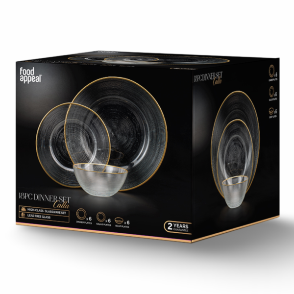 להשיג ברשת החנויות בלבד- סט אוכל 18 חלקים זכוכית שקוף+שוליים זהב CALLA