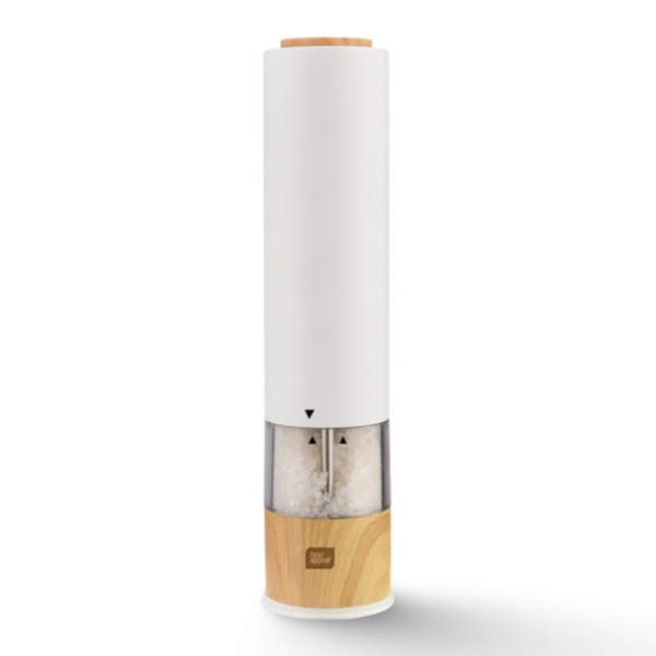 מטחנת מלחפלפל אלקטרונית עם מנגנון גריסה מתכוונן לבןעץ