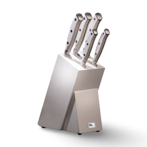 בלוק סכינים 6 חלקים הכולל 5 סכינים ידית לבנה + מעמד עץ לבן CLASSIC