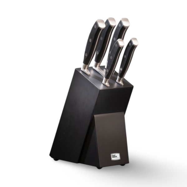 בלוק סכינים 6 חלקים הכולל 5 סכינים ידית שחורה + מעמד עץ כהה CLASSIC