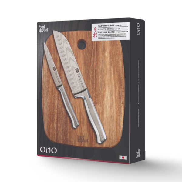 סכין סנטוקו 18 ס"מ + סכין 13 ס"מ + קרש חיתוך עץ שיטה ONO