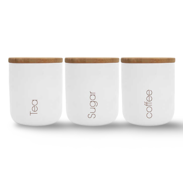 סט קרמיקה - לקפה /תה /סוכר בצבע לבן עם מכסה עץ