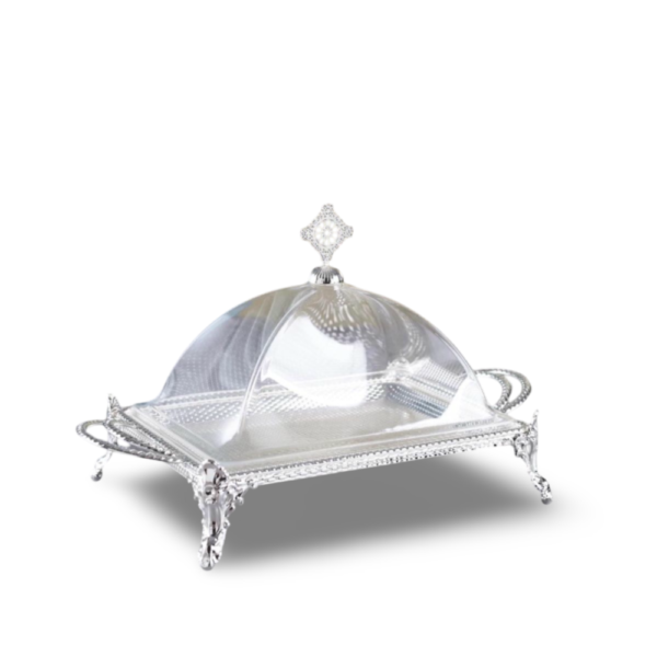 מגש מתכת מלבני 4 רגליות + מכסה אקריל כסף 38*22