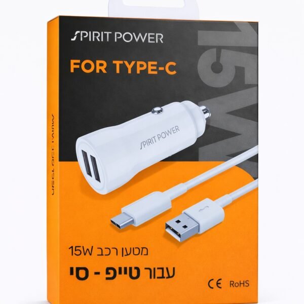 מטען רכב כפול USB 15.5W + כבל Type-C