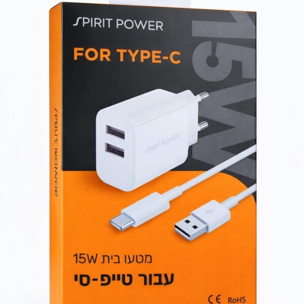 מטען קיר כפול USB 15.5W + כבל Type-C